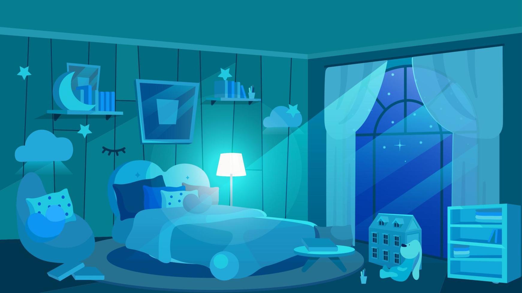 Children bedroom at night flat vector illustration. Kids room interior in blue shades. Moonlight rays from panoramic window. Cartoon pillows, soft toys,books on shelves, cloud-shaped lamps