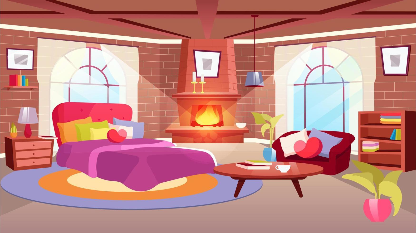 Woman bedroom interior flat vector illustration. Cartoon sofa, bed with cute heart-shaped pillow. Sunlit apartment with modern furniture. Wooden coffee table, bookcase. Brick wall fireplace with flame