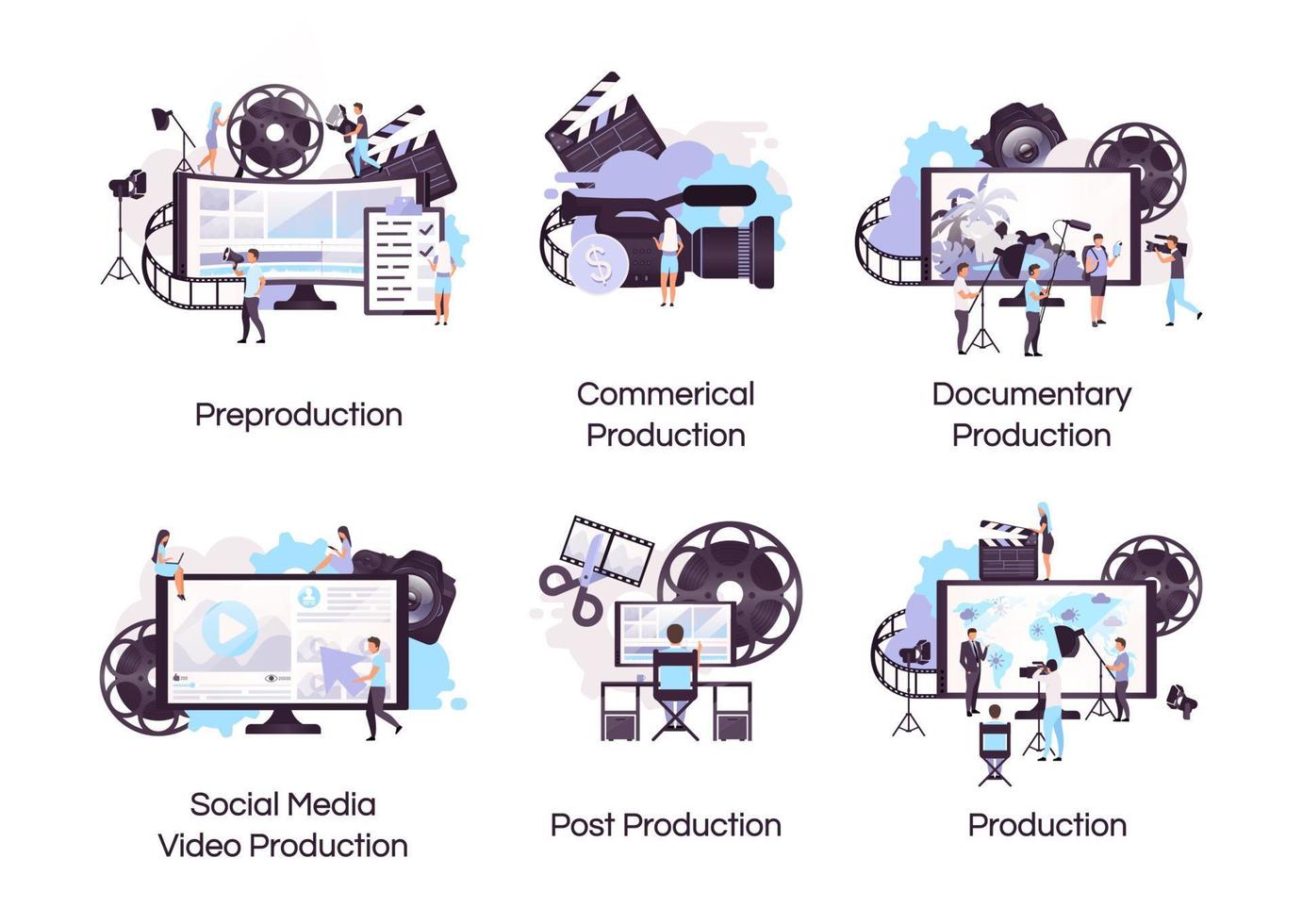 conjunto de iconos de concepto plano de producción de vídeo. pegatinas de videografía y realización de películas, paquete de cliparts. publicidad en redes sociales, rodaje de documentales. ilustraciones de dibujos animados aislados sobre fondo blanco vector