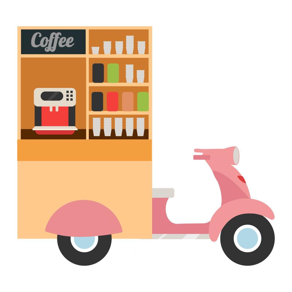 Ilustración de vector plano de camión de comida de café. punto de café para llevar basado en ciclomotor. café de la ciudad móvil. vehículo de comida callejera. Scooter móvil bar de bebidas calientes aislado sobre fondo blanco.
