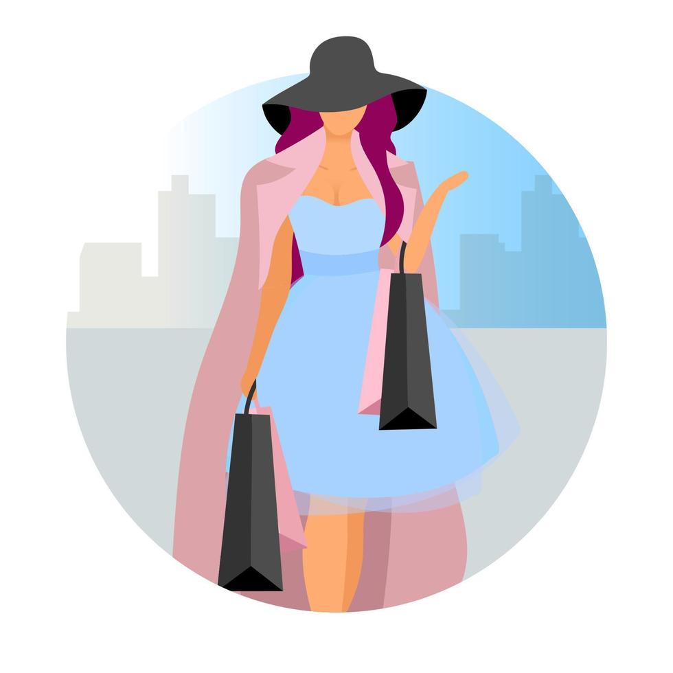 Elegant woman making purchases flat concept vector icon. Fashionable lady, shopaholic with shopping bags sticker, clipart. Female fashionista, customer, shopper at mall. Isolated cartoon illustration