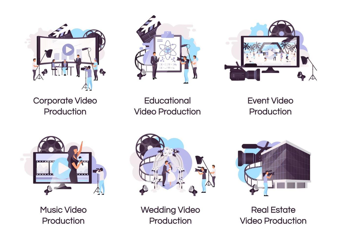 conjunto de iconos de concepto plano de producción de vídeo. pegatinas de videografía y realización de películas, paquete de cliparts. evento, corporativo, filmación de videos musicales. ilustraciones de dibujos animados aislados sobre fondo blanco vector