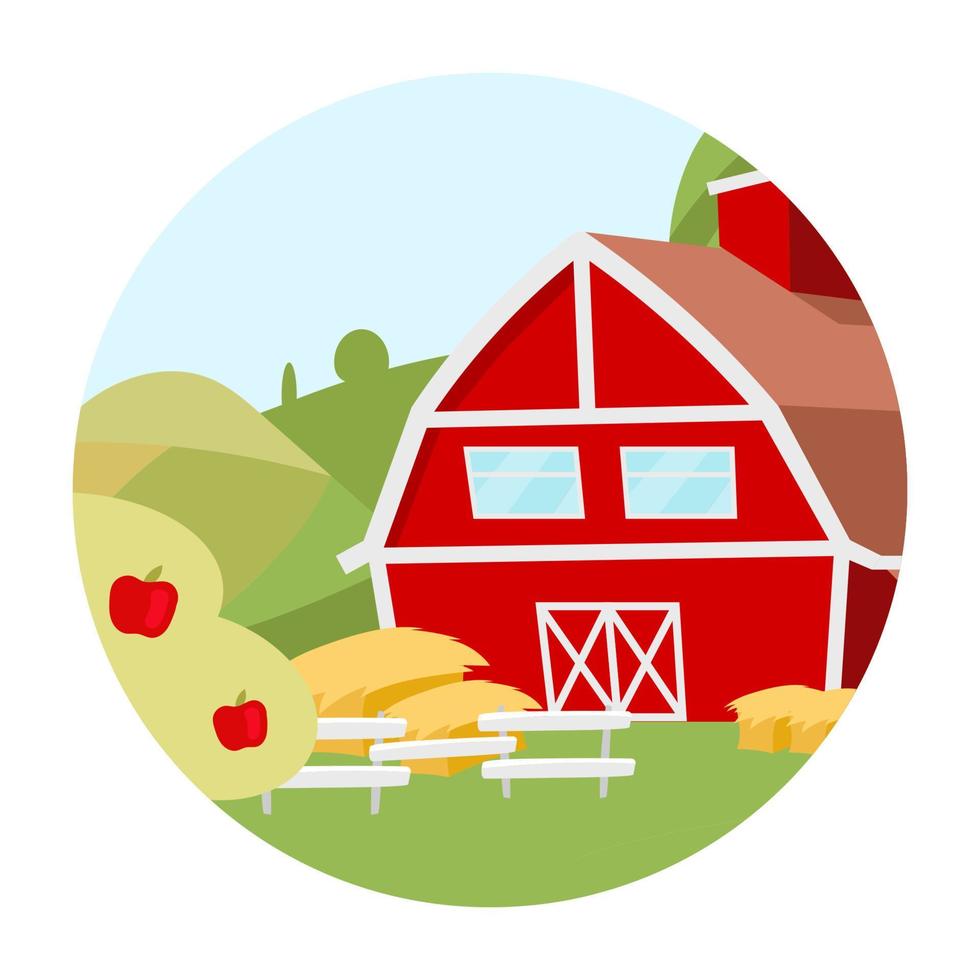 icono de concepto plano de granja. casa de campo, patio del rancho con etiqueta engomada del huerto de manzanas, clipart. agricultura de aldea, agricultura. tierras de cultivo con granero. ilustración de dibujos animados aislado sobre fondo blanco vector