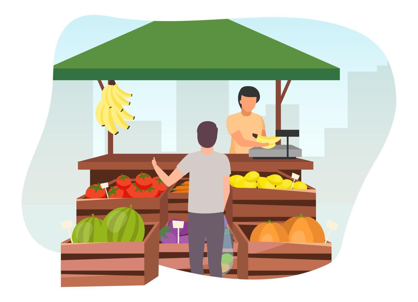 Fruits and vegetables market stall with seller flat illustration. Man buying farm products, eco and organic food at trade tent with wooden crates. Summer market stand, grocery outdoor street shop vector