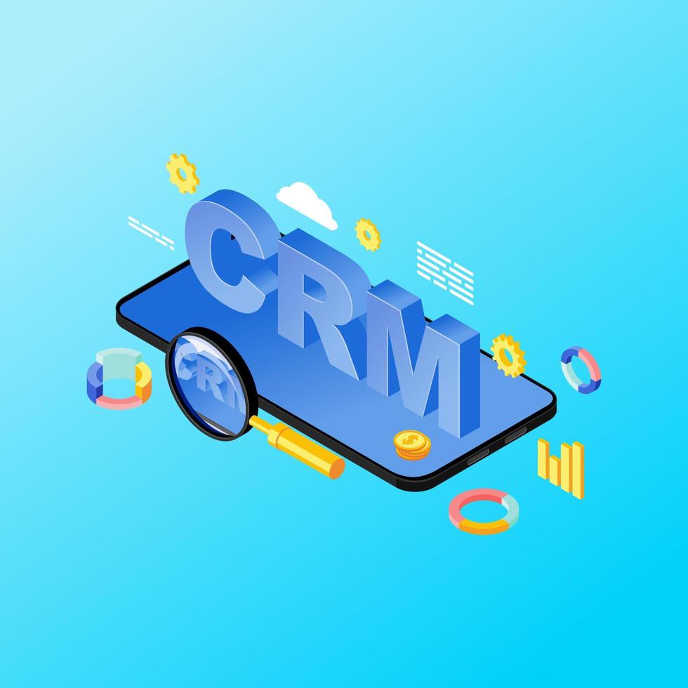 Smartphone CRM system app isometric illustration. Customer relationship management mobile application, software. Sales metrics, client data analysis on phone 3d concept isolated on blue background vector