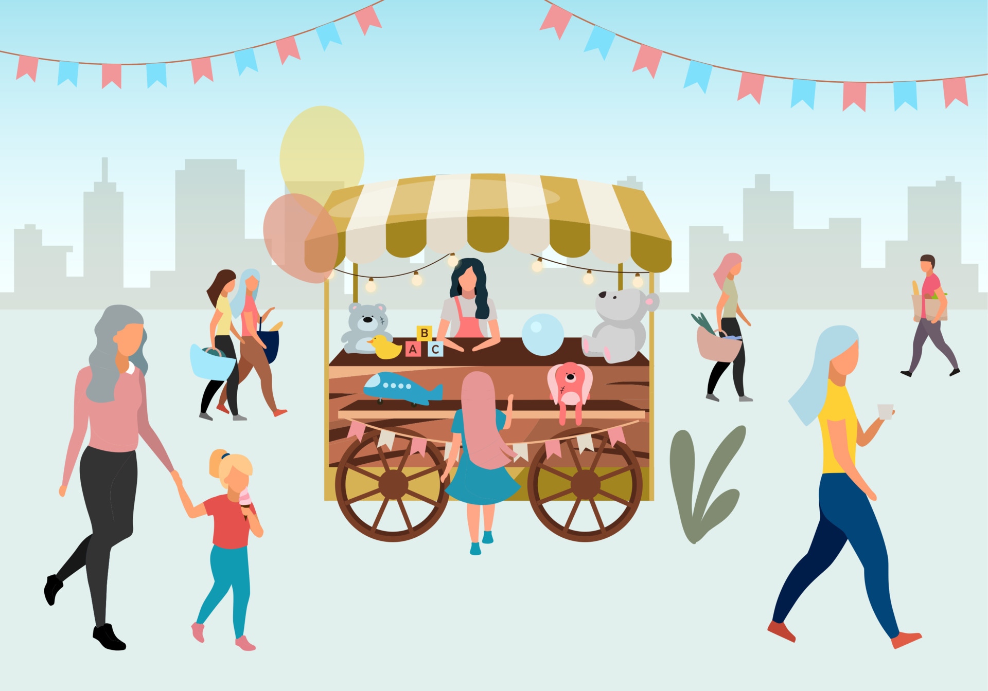 Street market wooden cart with toys flat illustration. Retro circus fair  store stall on wheels. Trade trolley with craft toys. People walk summer  festival, carnival outdoor shops cartoon characters 4341352 Vector Art