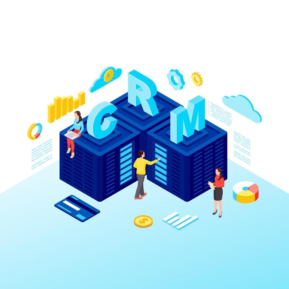 CRM servers isometric vector illustration. Customer relationship management software, Saas isolated 3d concept. Managers working with client database, servers. Marketing automation tool