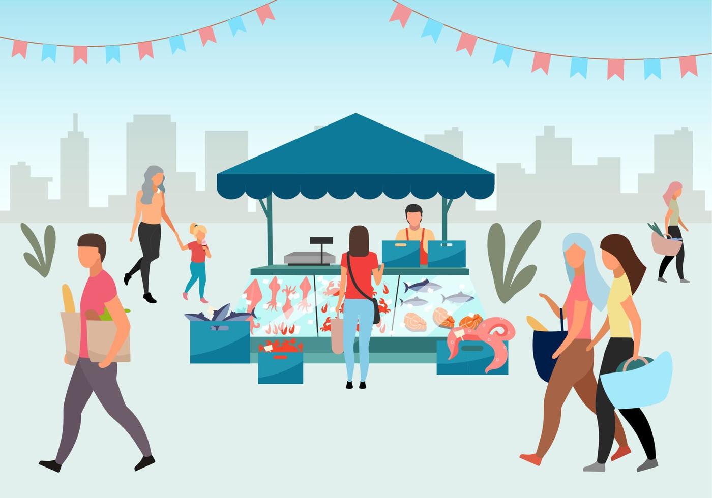 Street fishmarket flat illustration. People walk summer fair, outdoor market stall with seafood. Fresh sea food trade tent, fish counter. Customers with purchases in local shops cartoon characters vector