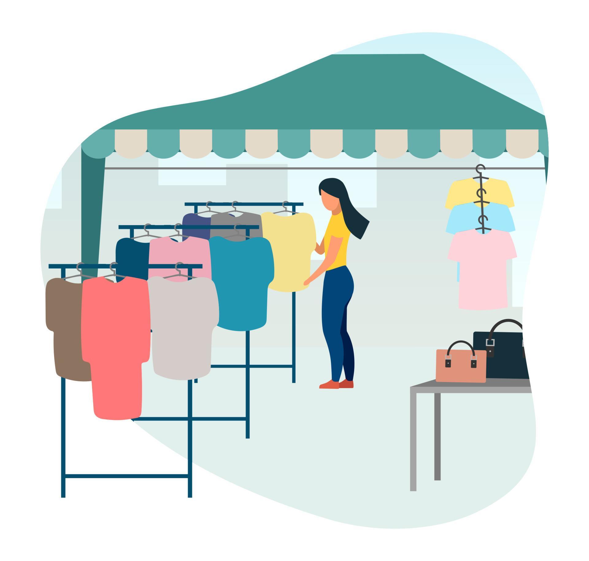 Woman buying clothes at street market flat vector illustration. Trade