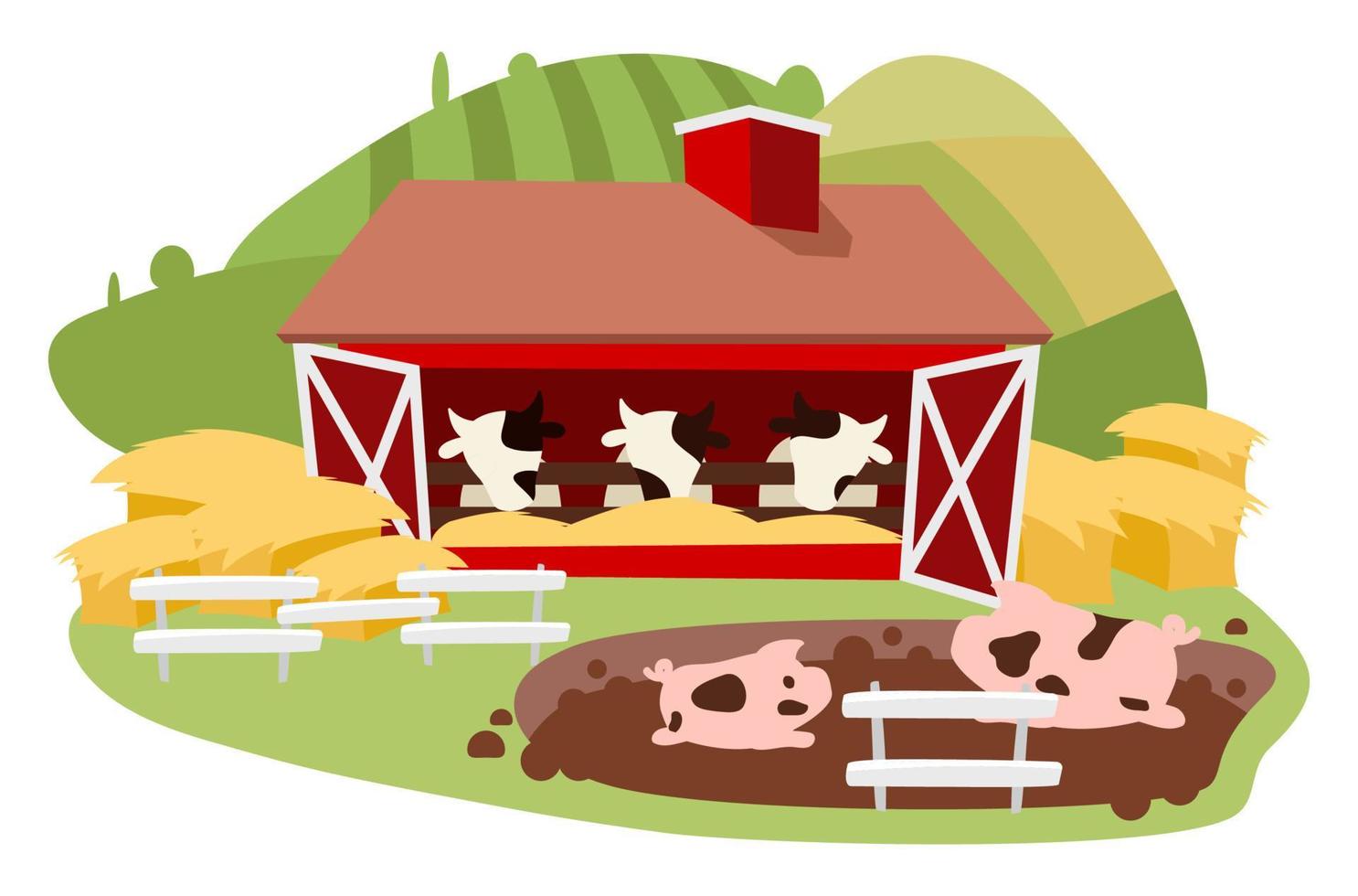 Ilustración de vector plano de ganadería y ganadería. concepto de dibujos animados aislado de la granja lechera. establo de vacas y cerco de cerdos con fardos de heno. agricultura animal. rancho en tierras de cultivo, paisaje de campo