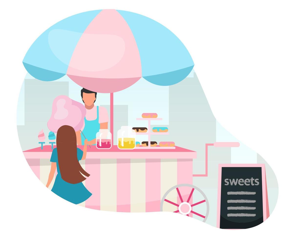Girl buying cotton candy at street food cart flat vector illustration. Sweets and candy trolley. Outdoor confectionery, bakery. Summer festival, carnival pink market stall with confections and pastry