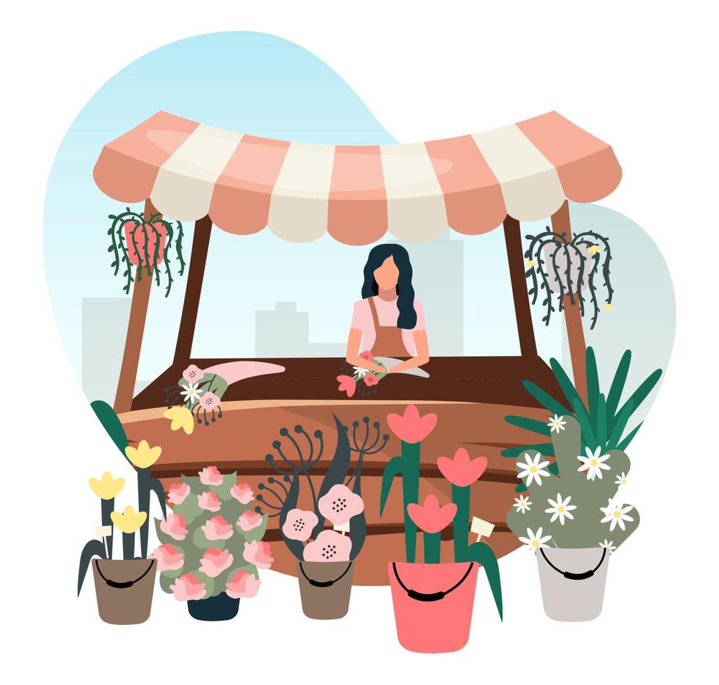 puesto en el mercado de flores con la ilustración plana del vendedor. vendedor de la tienda local de la calle que vende plantas de interior, ramos de flores. personaje de dibujos animados de floristería. stand de compras, mostrador de compras de madera con toldo a rayas vector