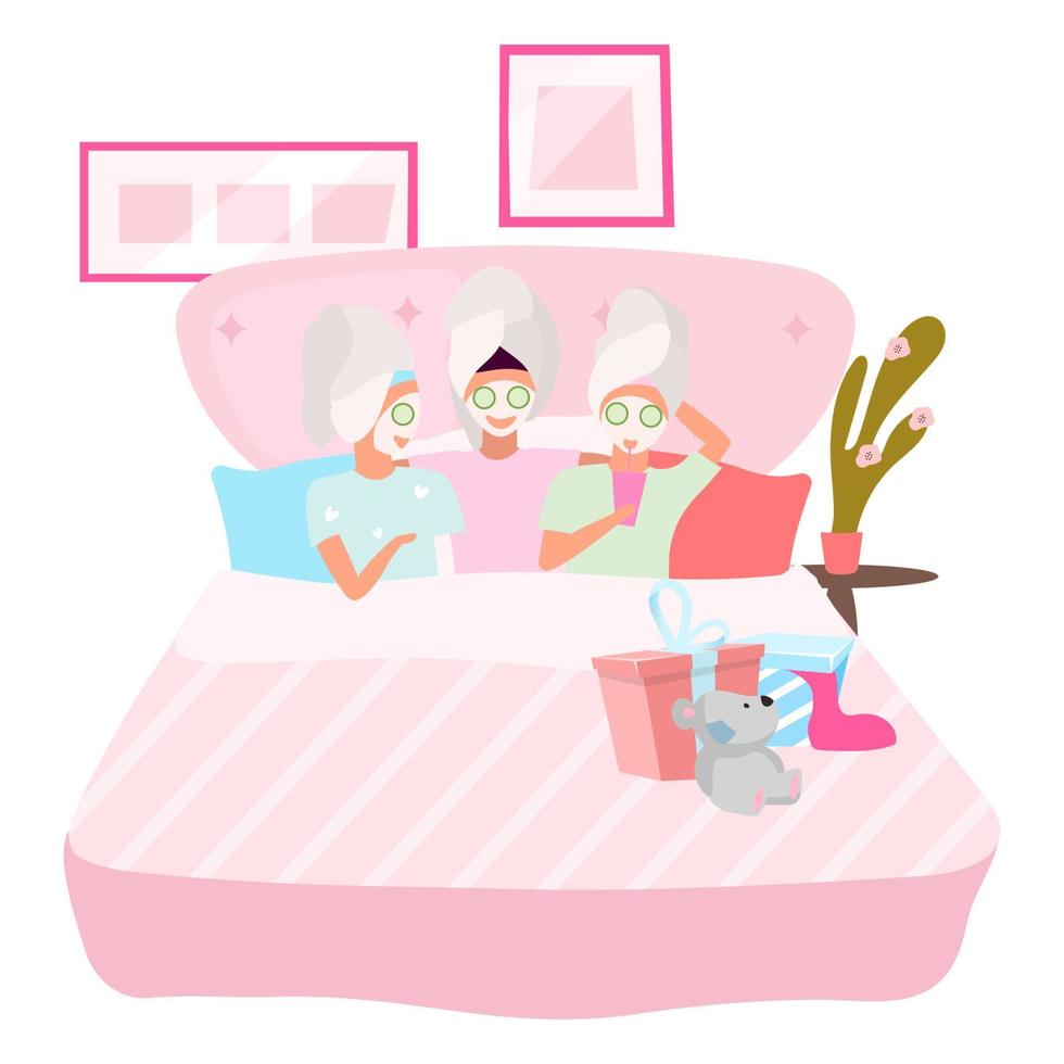 Girlfriends applying facial masks flat vector illustration. Slumber, sleepover party concept. Female best friends sleeping together in pajamas cartoon characters. Young women, teenagers, students