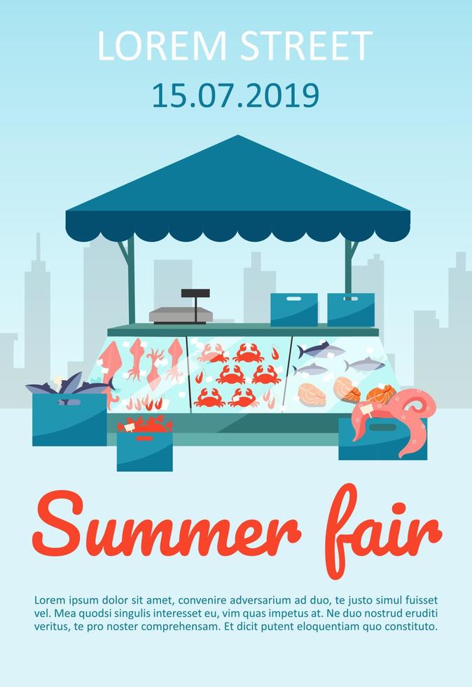 Summer food fair brochure template. Seafood market stall with fresh fish flyer, booklet, leaflet concept with flat illustrations. Vector page layout for magazine. advertising invitation with text