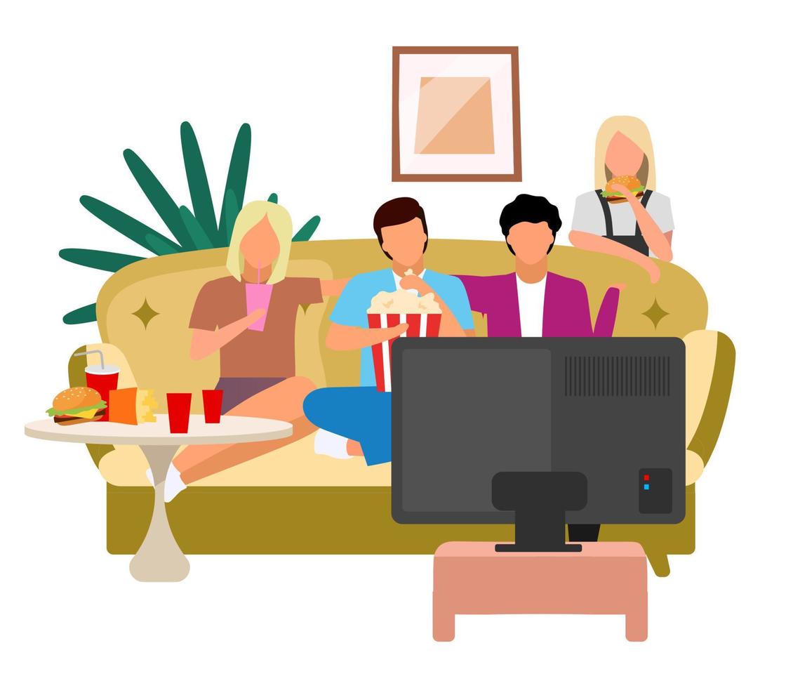 Friends watching TV flat vector illustration. Girls, guys watch film, movie with popcorn and fast food cartoon characters. Best friends spending time together, meeting. Friendship concept