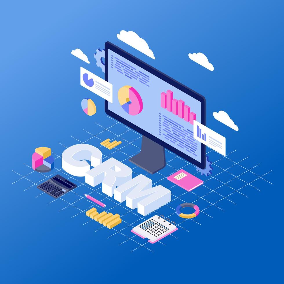 CRM software isometric vector illustration. Client data analytics and storage. Customer relationship management service, platform. Business automation. Sales, marketing statistics analyzing 3d concept