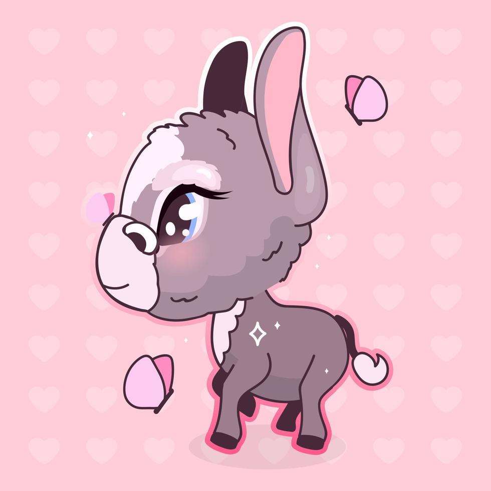 Cute donkey kawaii cartoon vector character. Adorable and funny animal with butterflies isolated sticker, patch, girlish illustration, badge. Anime baby girl mule, burro emoji on pink background