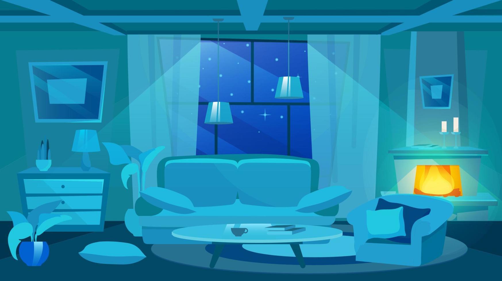 Messy room at night flat vector illustrations. Cartoon pillow on floor near old-fashioned sofa. Firewood burning in fireplace. Classic style home interior with wooden furniture and paintings on walls