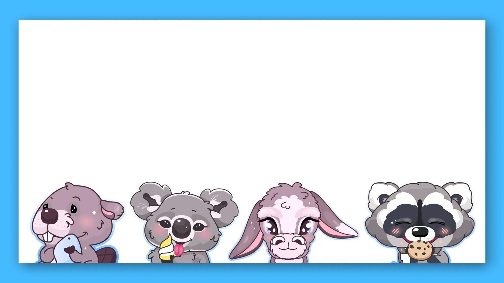 Marco de vector de personajes de kawaii de animales lindos. anime bebé koala, burro, mapache comiendo galleta, castor emoji borde cuadrado aislado con espacio de texto. ilustración de libro para niños, elemento de diseño de cartel