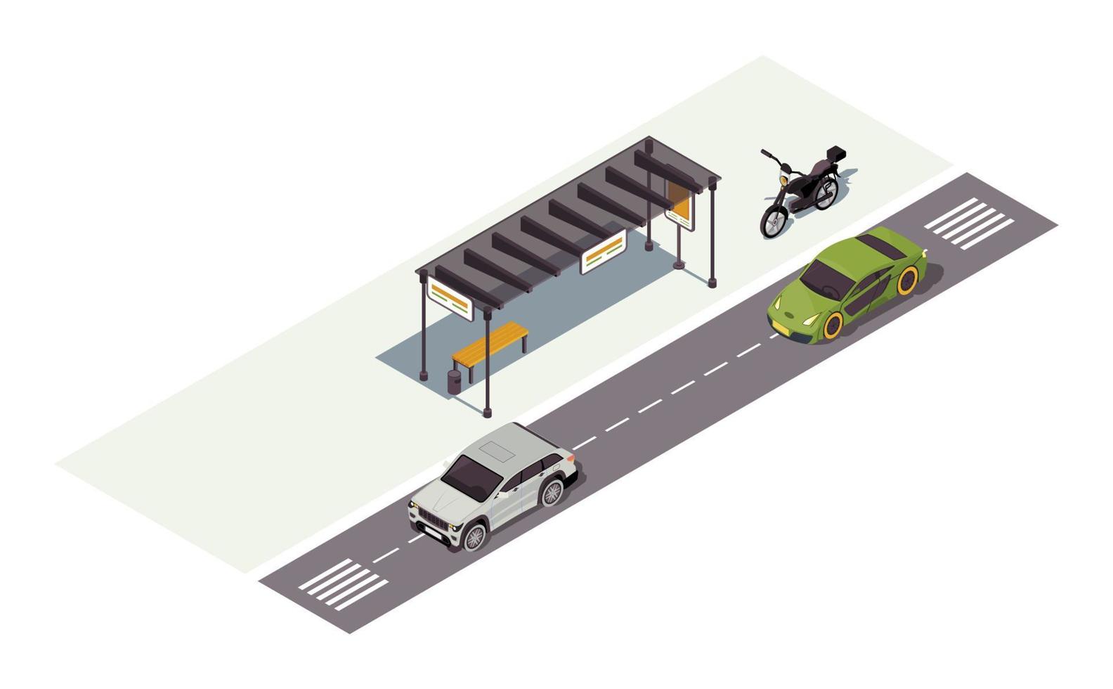 Waiting station isometric color vector illustration. Bus stop. Automobiles and motorcycle. City transport infographic. Road marking. Town traffic. Auto 3d concept isolated on white background