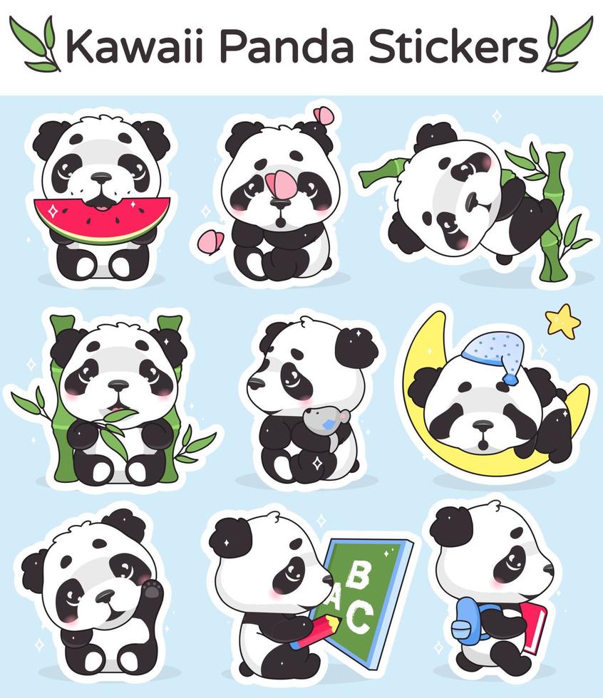 Conjunto de caracteres de vector de dibujos animados lindo panda kawaii. animal adorable, feliz y divertido comiendo sandía, adhesivo aislado de bambú, paquete de parches. anime bebé oso panda durmiendo emoji sobre fondo azul