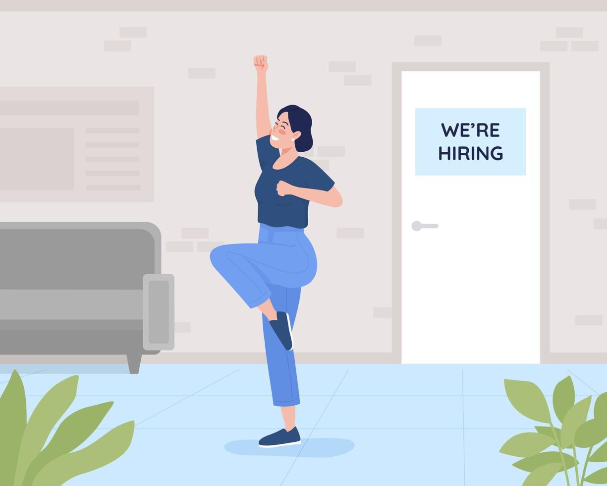 Excited to get job flat color vector illustration. Employee celebrating new work opportunity. Accepted for work position. Happy woman 2D cartoon characters with office interior on background