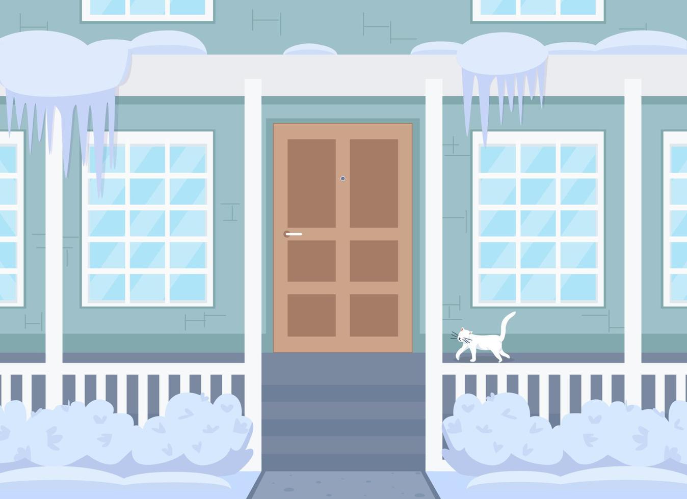 Wintertime house exterior flat color vector illustration. Front of residential house in snow. Cold weather and seasonal climate. Suburban house 2D cartoon outdoors scene with snow on background