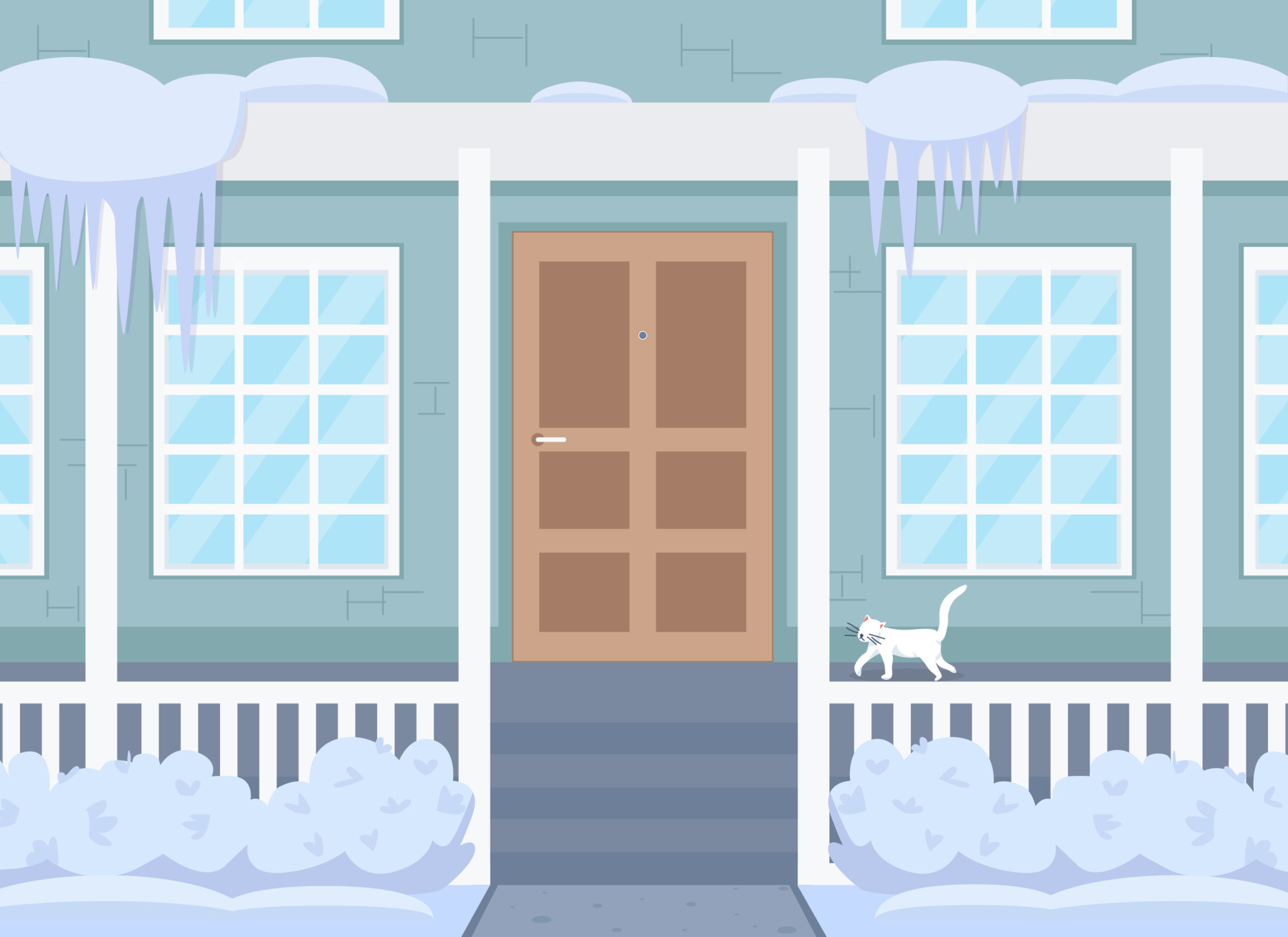 Wintertime house exterior flat color vector illustration. Front of  residential house in snow. Cold weather and seasonal climate. Suburban house  2D cartoon outdoors scene with snow on background 4341406 Vector Art at