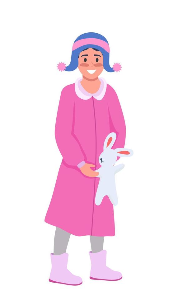 Happy girl with toy semi flat color vector character. Standing figure. Full body person on white. Winter season isolated modern cartoon style illustration for graphic design and animation