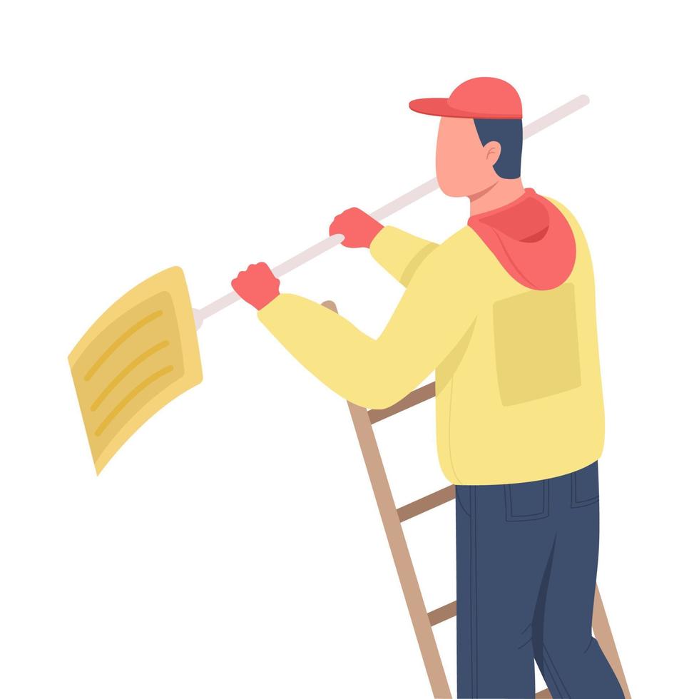 Cleaner with shovel on ladder semi flat color vector character. Posing figure. Full body person on white. Winter season isolated modern cartoon style illustration for graphic design and animation