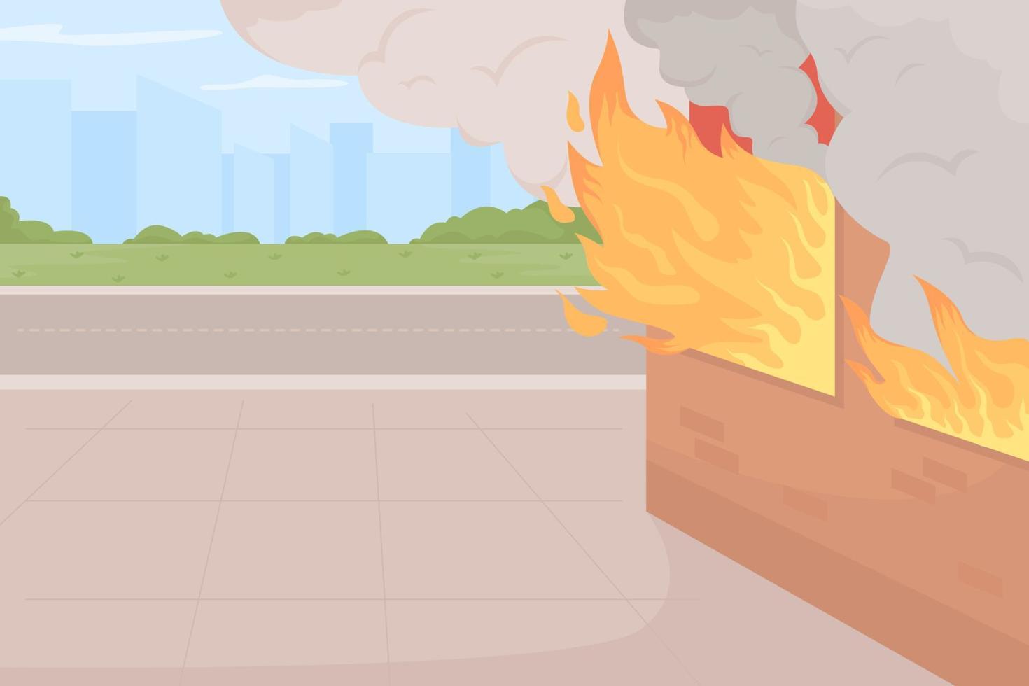 Burning building flat color vector illustration. Catastrophic urban fire. Structure destroying. Flame coming out of windows 2D cartoon cityscape with buildings and houses on background