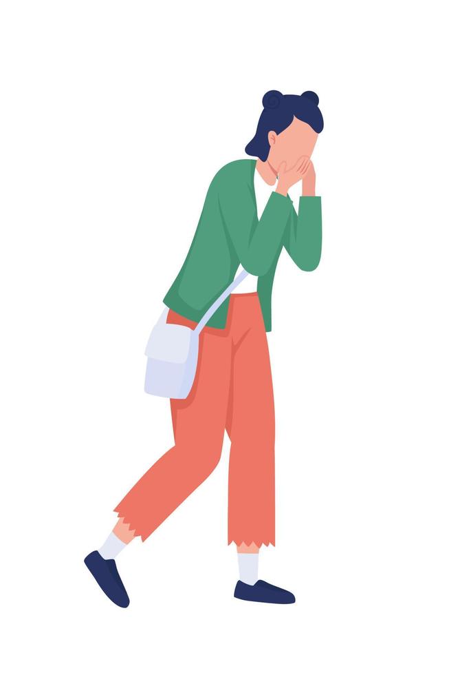 Colegiala deprimida carácter vectorial de color semi plano. persona de cuerpo entero en blanco. estudiante llorando caminando de regreso a casa aislado ilustración de estilo de dibujos animados moderno para diseño gráfico y animación vector