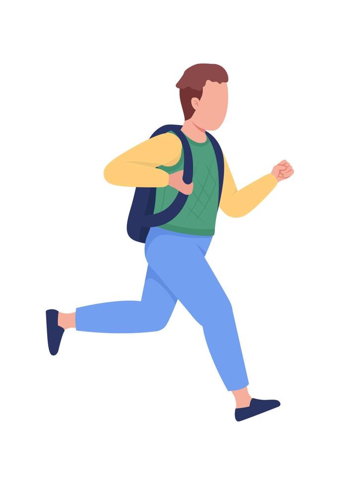 Schoolboy running to school semi flat color vector character. Full body person on white. Arriving late to class isolated modern cartoon style illustration for graphic design and animation