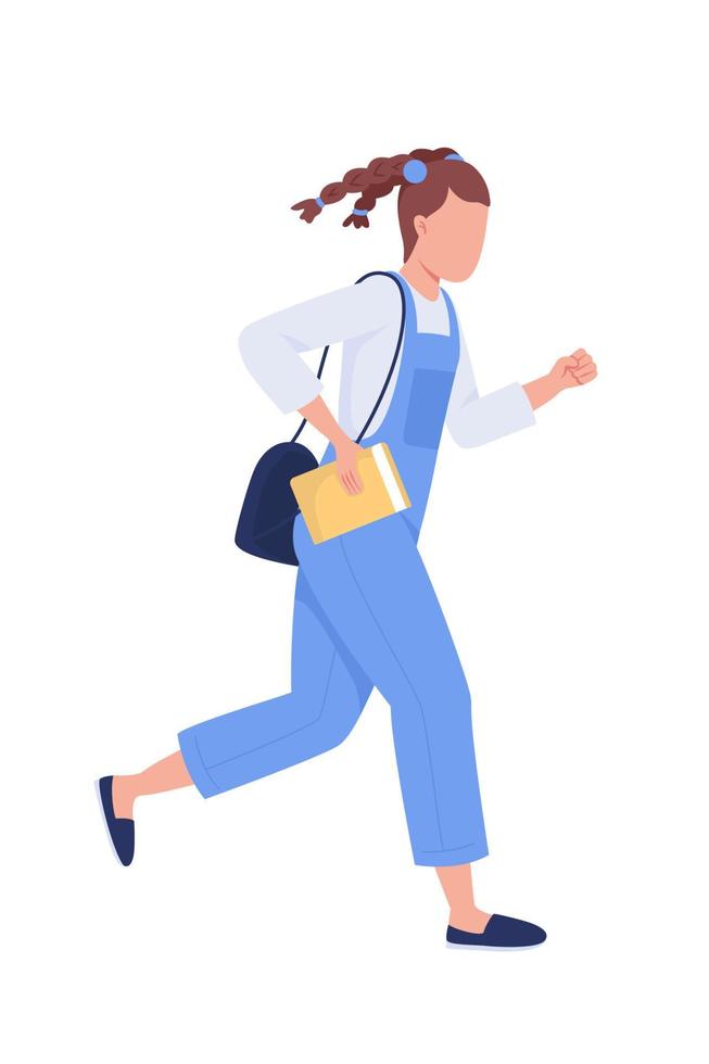 estudiante femenina corriendo a la escuela carácter vectorial de color semi plano. persona de cuerpo entero en blanco. Tardanza frecuente aislada ilustración moderna de estilo de dibujos animados para diseño gráfico y animación vector