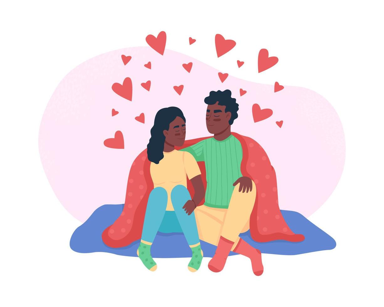 Couple sitting together 2D vector isolated illustration. People in love cuddling under blanket. Boyfriend and girlfriend flat characters on cartoon background. Romance colourful scene