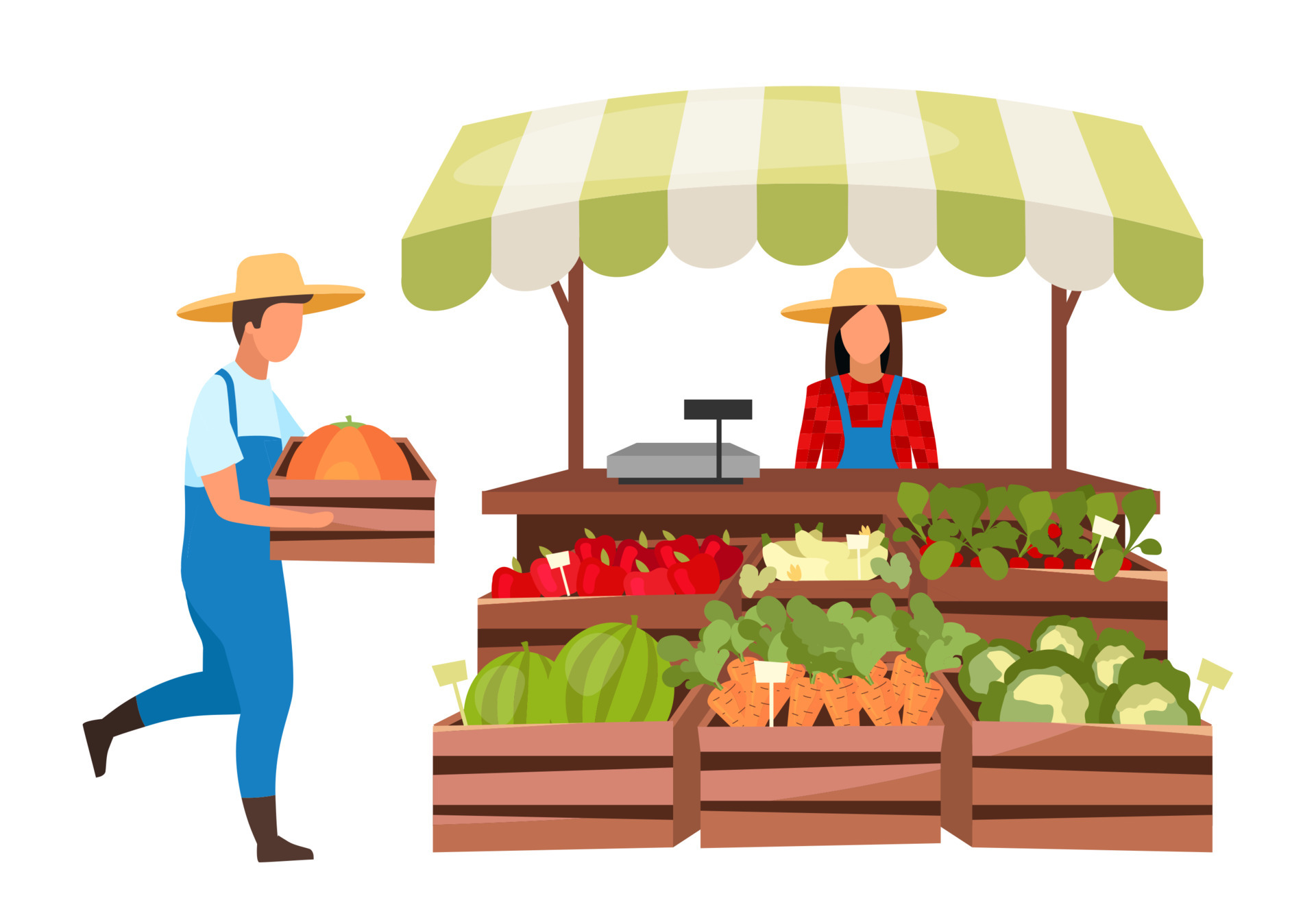 Farmers market flat vector illustration. Eco products, organic produce  local store. Market stall with vegetables in wooden crates. Rural summer  outdoor shop with cartoon seller 4341435 Vector Art at Vecteezy