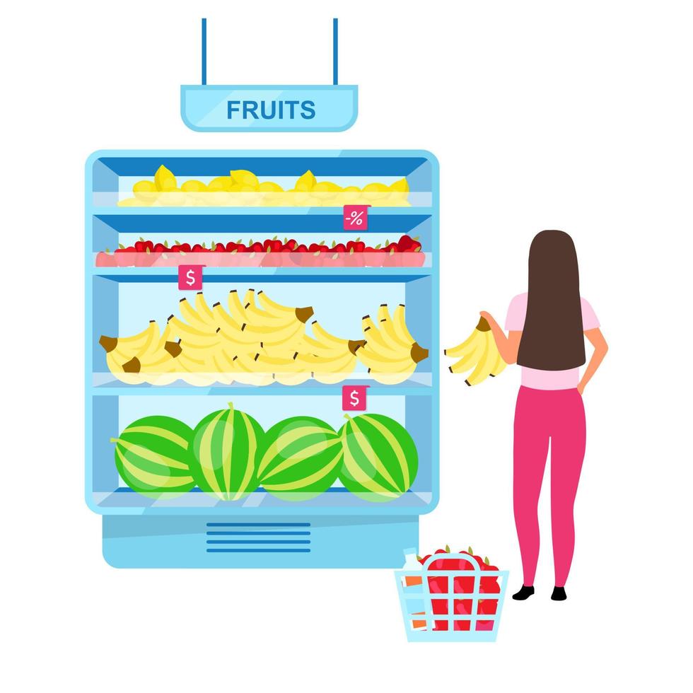 Woman buying fruits at grocery store semi flat color vector character. Full body person on white. Girl purchasing bananas isolated modern cartoon style illustration for graphic design and animation