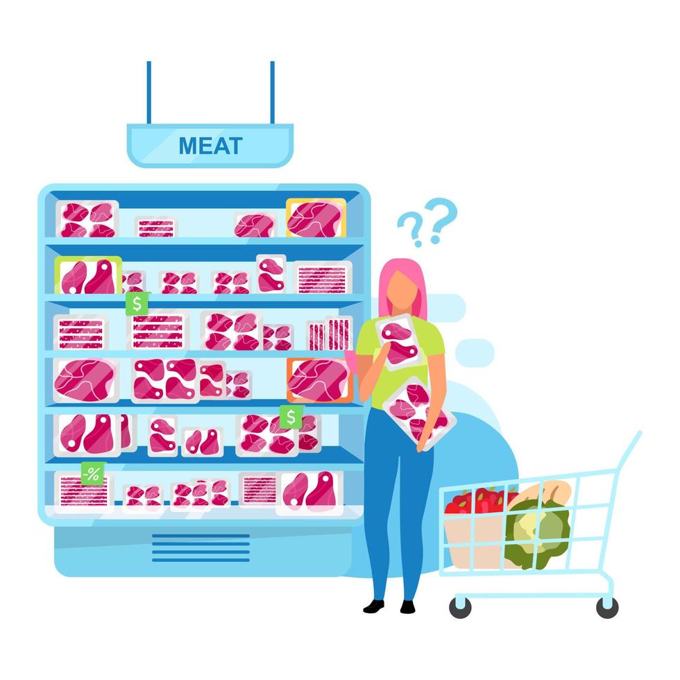 Female customer standing near meat freezer semi flat color vector character. Full body person on white. Choosing fresh food isolated modern cartoon style illustration for graphic design and animation