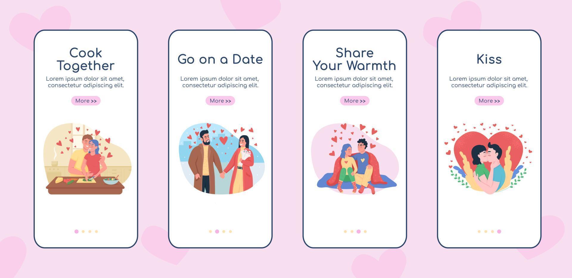 Dating onboarding mobile app screen flat vector template. Couple activities. Walkthrough website 4 steps with characters. Creative UX, UI, GUI smartphone cartoon interface, case prints set