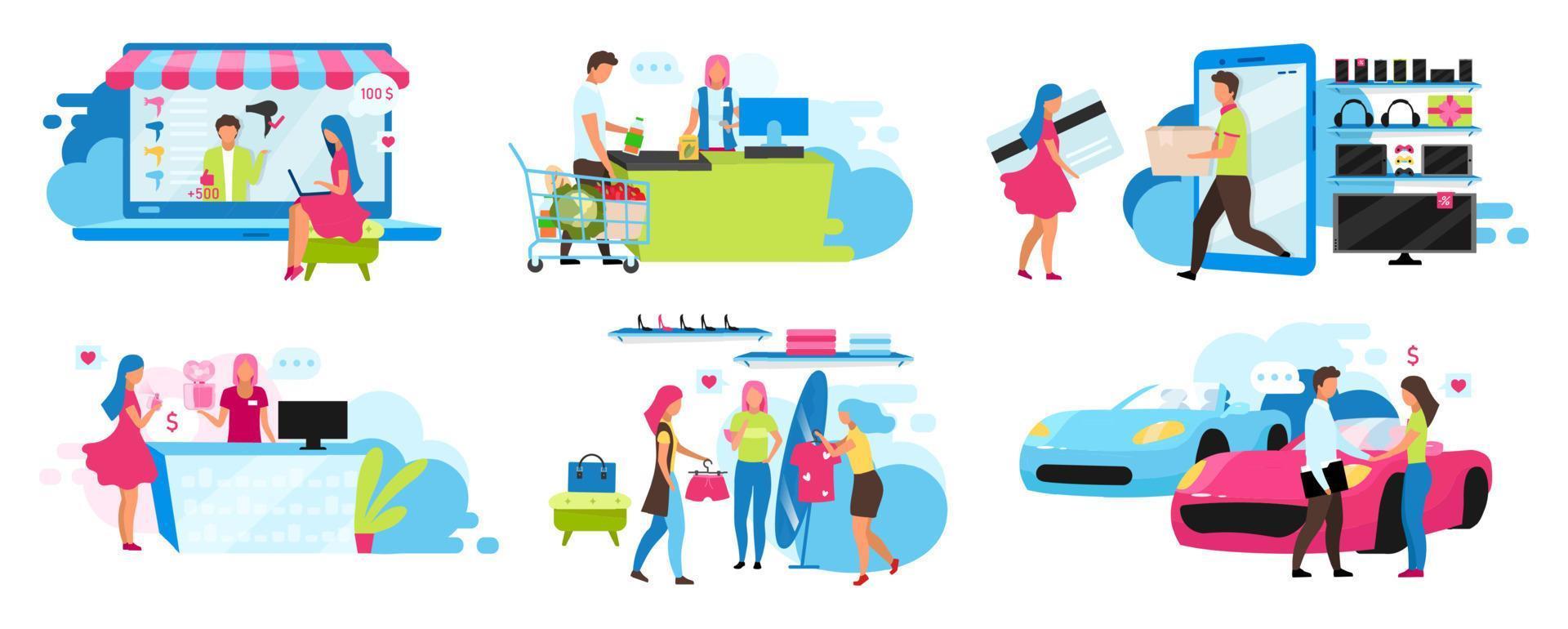 Shopping flat vector illustrations set. Buying goods and services at mall, supermarket, dealership. Purchasing things online and in store. Seller and customer isolated cartoon characters