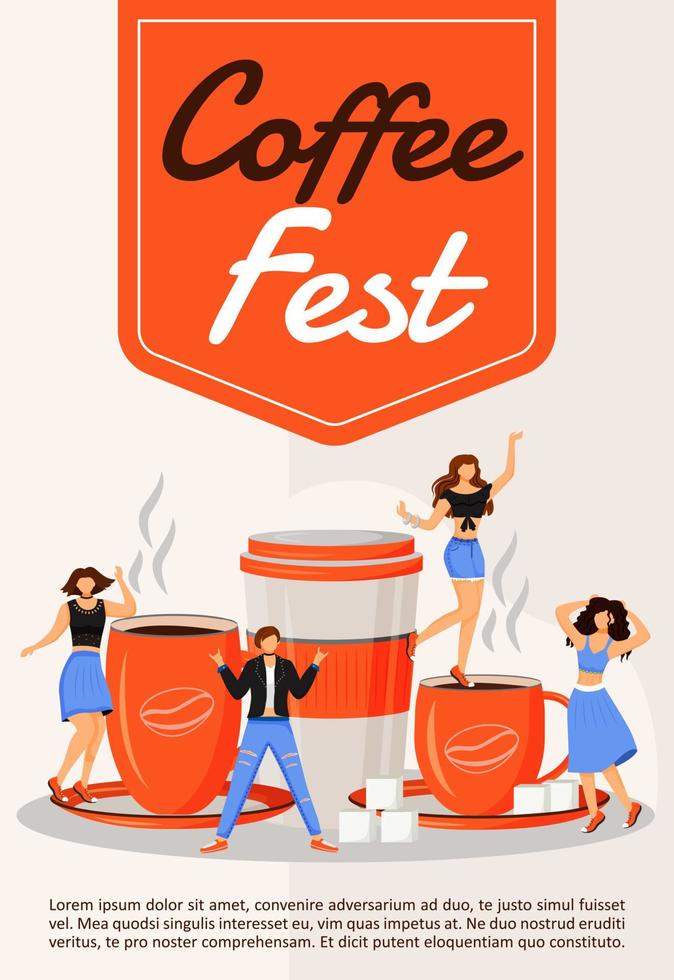 Coffee fest poster flat vector template. Community fair. Entertainment event. Local food party. Brochure, booklet one page concept design with cartoon characters. Fairground flyer, leaflet
