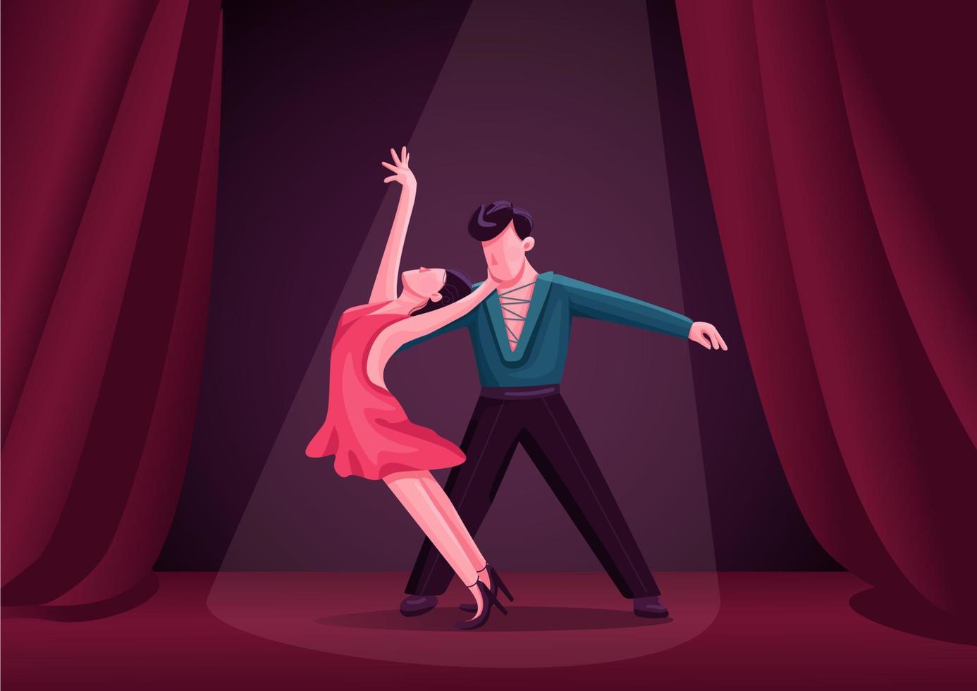 Ilustración de vector de color plano de pareja de bailarines de rumba.  Participantes del concurso de