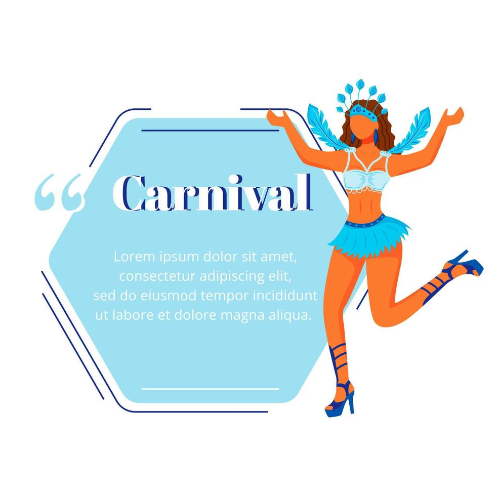 Cita de personaje de vector de color plano de carnaval. celebración tradicional. mujer en ropa de carnaval. festival brasileño. plantilla de marco en blanco de cita. burbuja de diálogo. diseño de cuadro de texto vacío de cotización