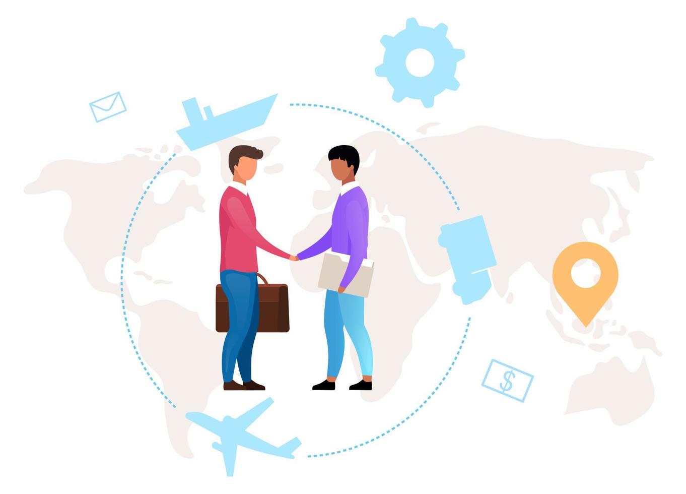 Established payments flat vector illustration. Inernational trade. Export, import. Cooperation, partnership. Logistics. World map. Indonesian business. Isolated cartoon concept on white background