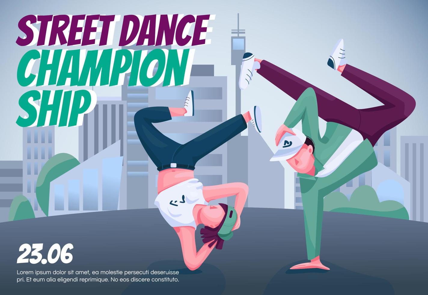 Street dance championship banner flat vector template. Brochure, poster concept design with cartoon characters. Breakdance studio lessons horizontal flyer, leaflet with place for text