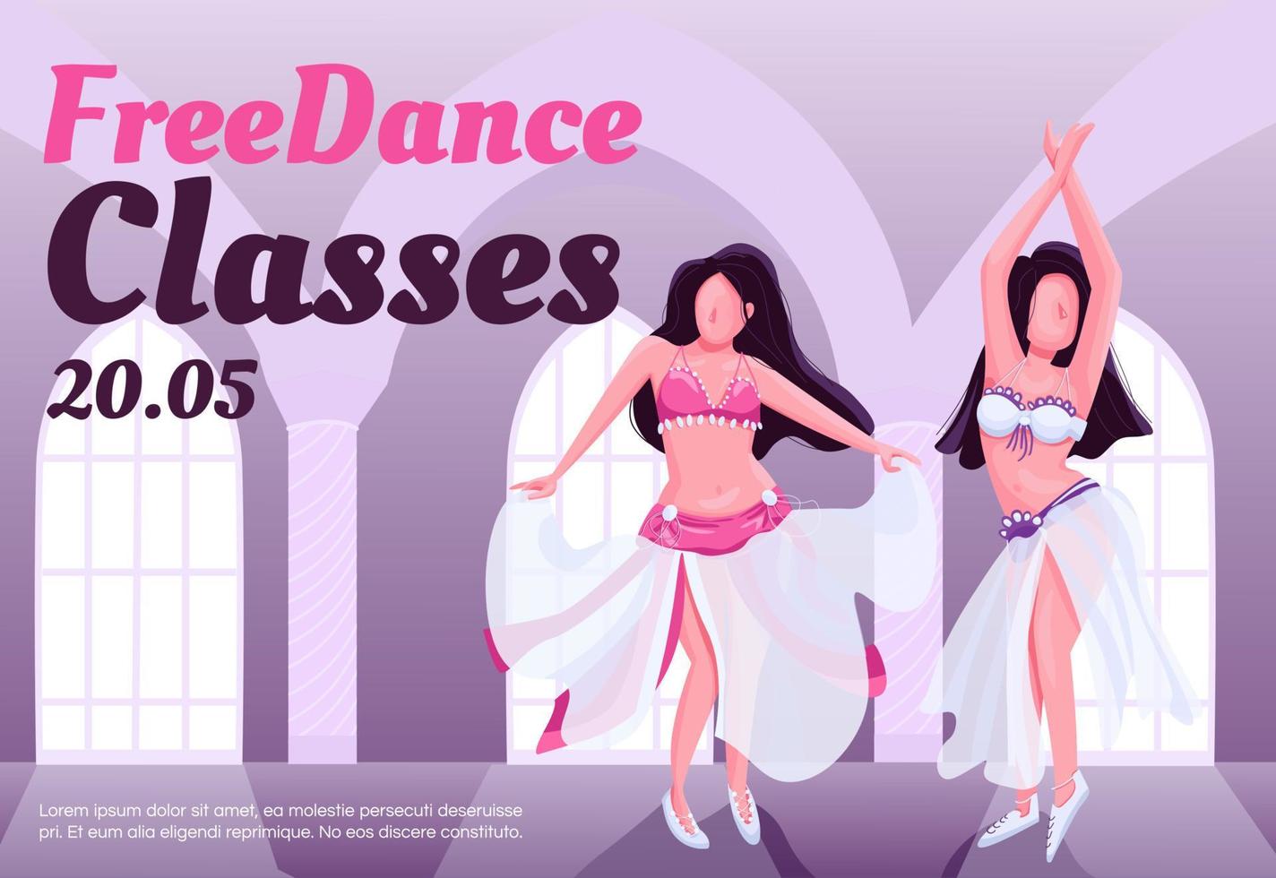 Bellydance free class banner flat vector template. Brochure, poster concept design with cartoon characters. Exotic dance studio lessons horizontal flyer, leaflet with place for text