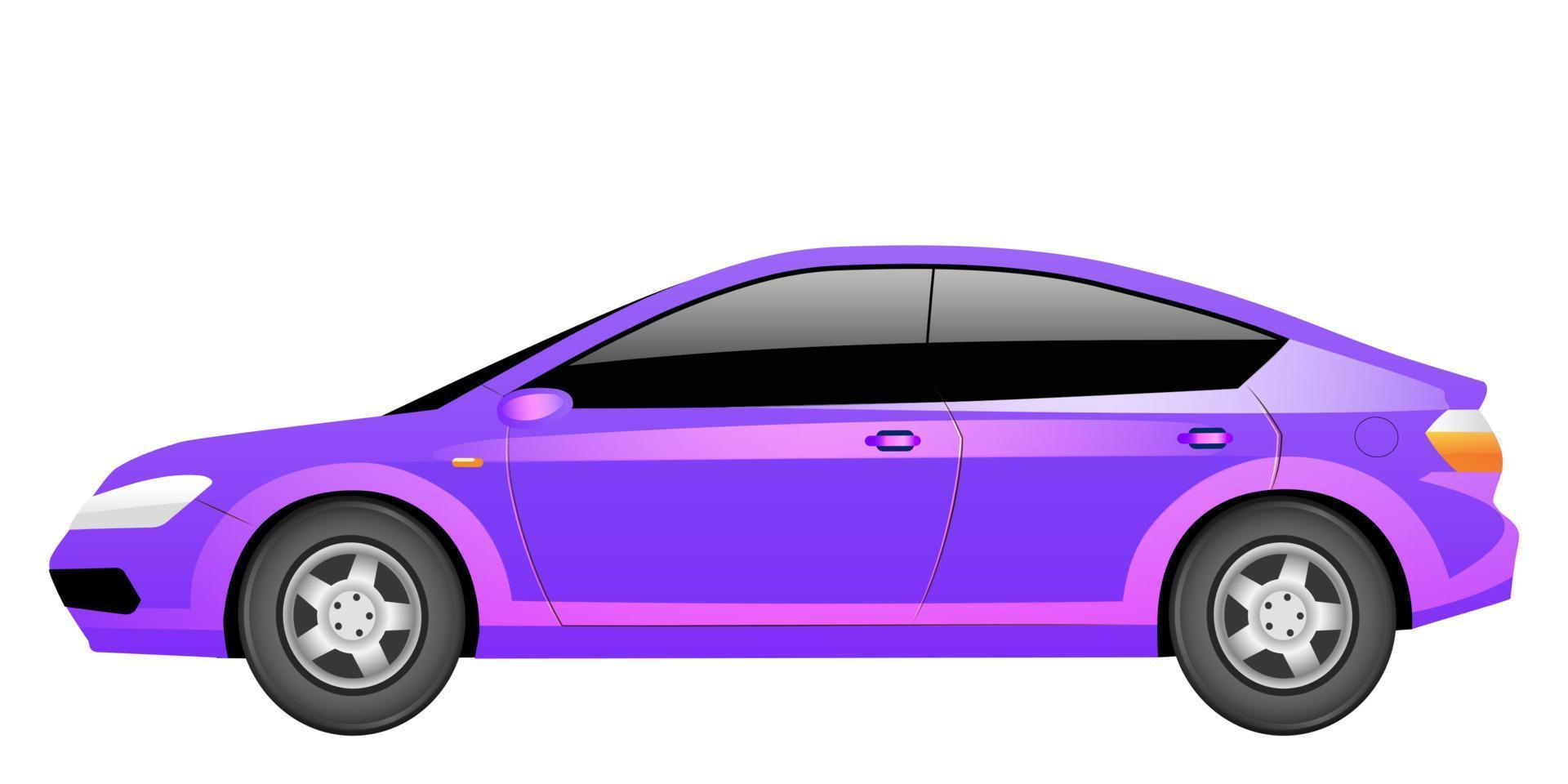 Ilustración de vector de dibujos animados de sedán púrpura. Coche eléctrico violeta, objeto de color plano de vehículo futurista. transporte contemporáneo. Automóvil híbrido de color magenta aislado sobre fondo blanco.