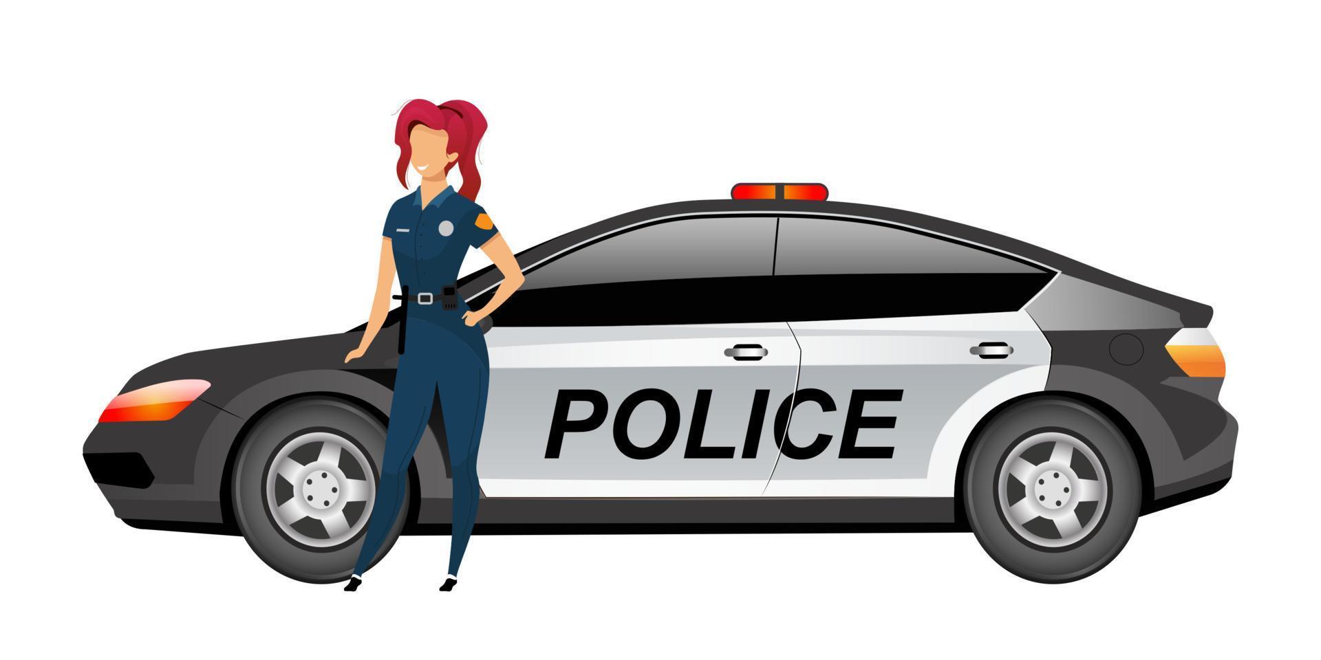 Mujer policía de pie junto a un personaje sin rostro de vector de color plano de automóvil. Ilustración de dibujos animados aislados oficial de policía femenina para diseño gráfico web y animación. mujer policía sonriente cerca del coche patrulla