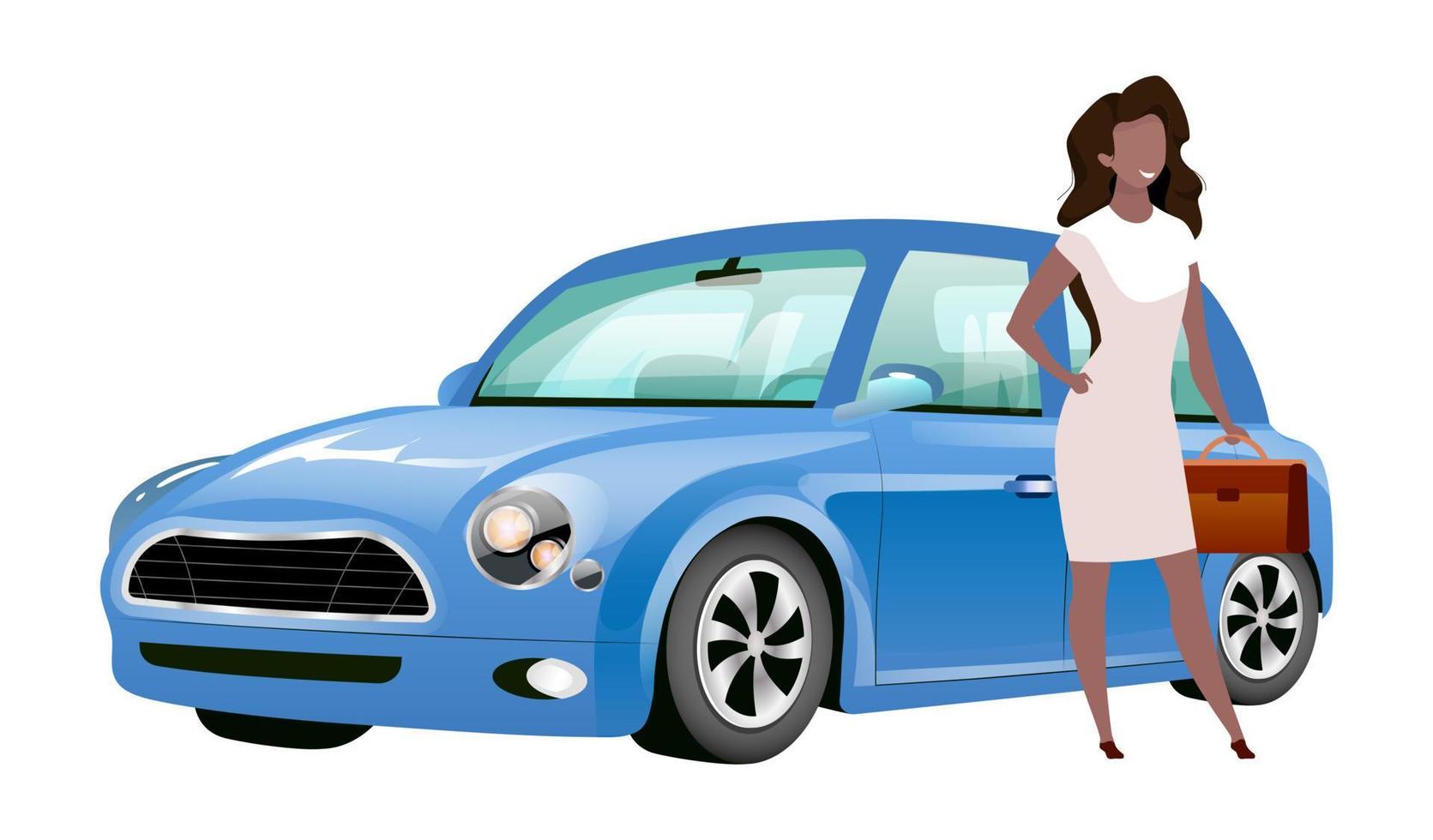 empresaria de pie junto a un coche color plano vector personaje sin rostro. mujer afroamericana sosteniendo maletín cerca de mini cooper aislado ilustración de dibujos animados para diseño gráfico web y animación