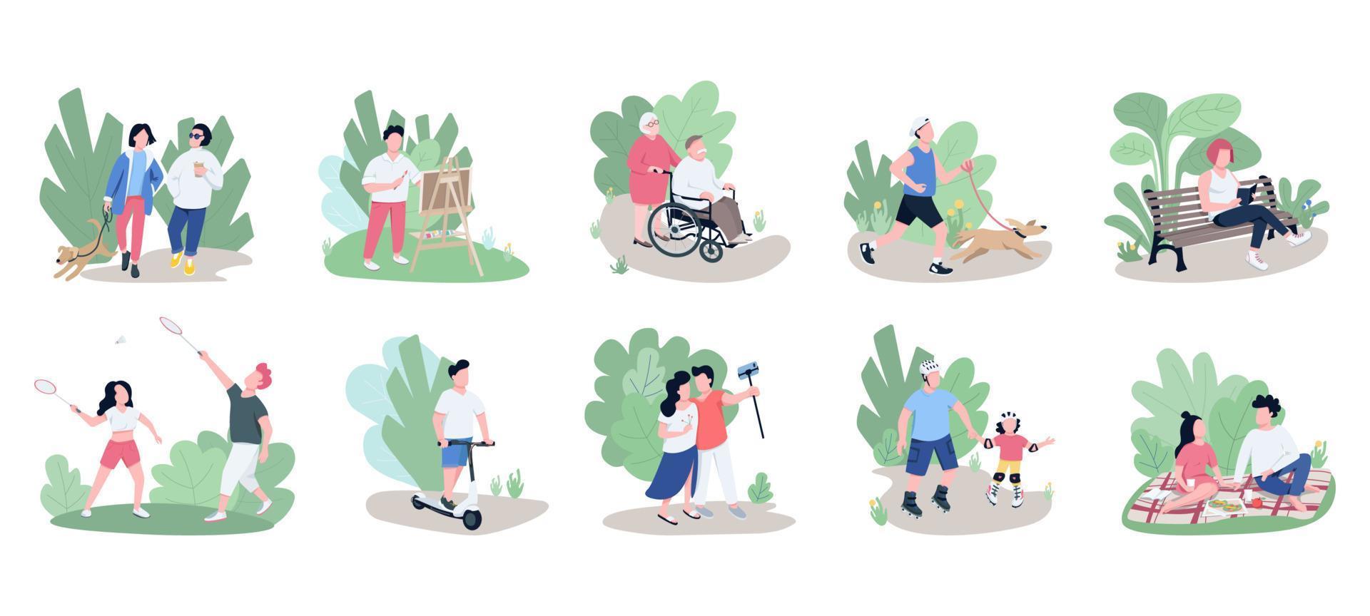 People relaxing outdoors flat color vector faceless characters set. Weekend pastime, open air recreation, family rest, active lifestyle isolated cartoon illustrations on white background